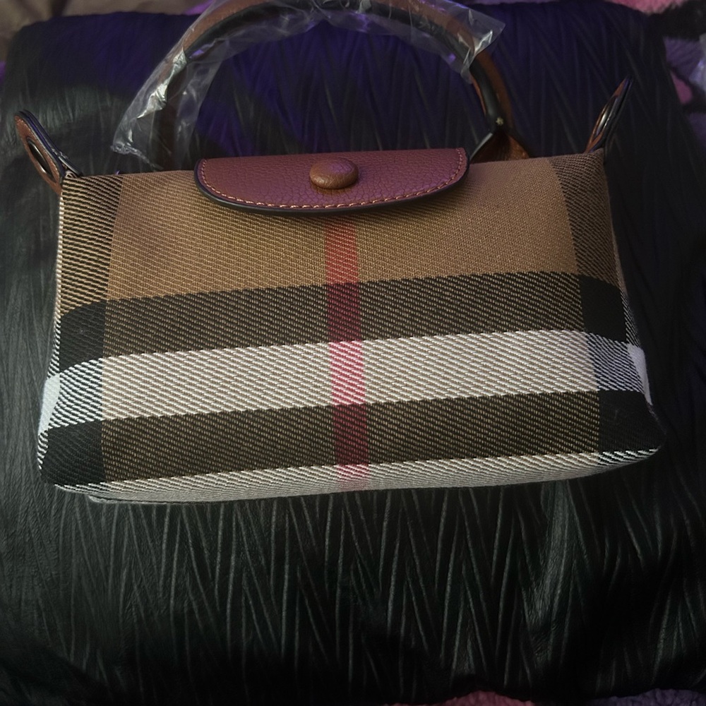 Chic Plaid Mini Bag with Brown and Pink Stripes
